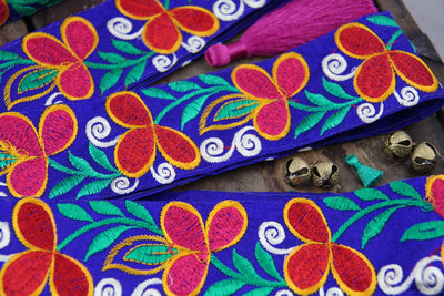 Cobalt Garden Party: Cobalt Blue, Pink, Red, Yellow Floral Silk Trim, Sari Border, India 2 1/4"x1 Yard, Colorful Sewing Supplies - ShopWomanShopsWorld.com. Bone Beads, Tassels, Pom Poms, African Beads.