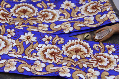 Royal Garden: Blue and Gold Silk Trim, Ribbon, Sari Border, 4"x1 Yard - ShopWomanShopsWorld.com. Bone Beads, Tassels, Pom Poms, African Beads.