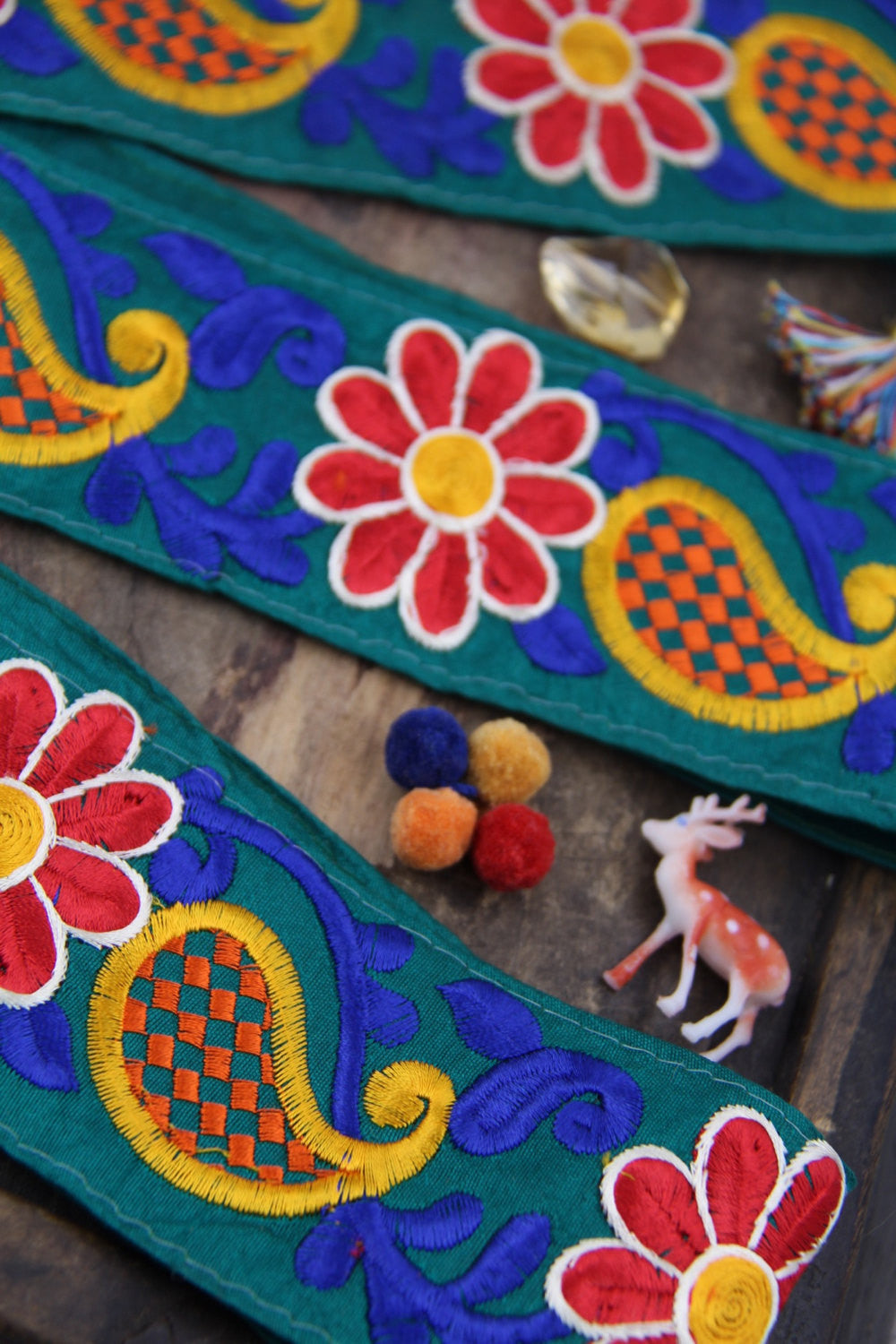 Pocketful of Poseys & Paisleys: Green, Red, Blue, Yellow Silk Trim, Ribbon, Sari Border, India 2 1/4" x 1 yard, Embroidered Sewing Supply - ShopWomanShopsWorld.com. Bone Beads, Tassels, Pom Poms, African Beads.