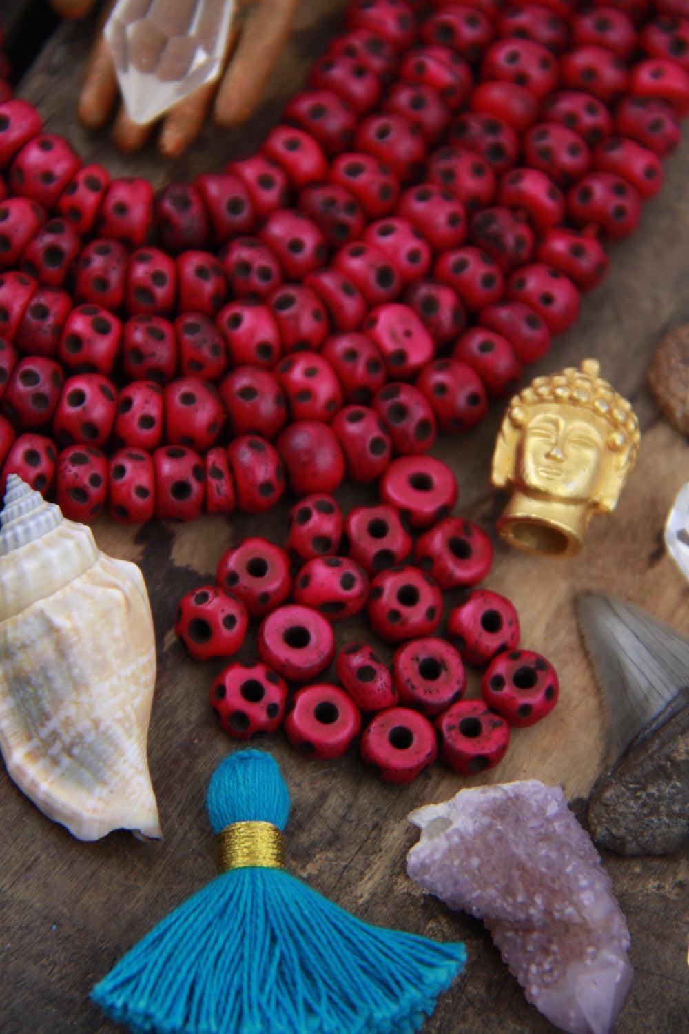 Ladybug: Red With Black Polka Dot Bone Beads, 8x6mm, 40 pieces - ShopWomanShopsWorld.com. Bone Beads, Tassels, Pom Poms, African Beads.
