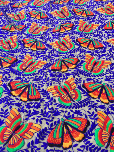 Flutterby Butterfly Embroidered Silk Fabric, 42" x1 yard - ShopWomanShopsWorld.com. Bone Beads, Tassels, Pom Poms, African Beads.