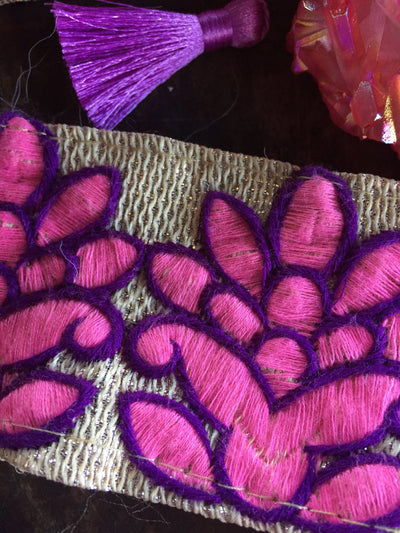 Pink Purple Sparkle Blossom Embroidered Trim, Sari Border from India, 2 1/8" x 1 yard - ShopWomanShopsWorld.com. Bone Beads, Tassels, Pom Poms, African Beads.