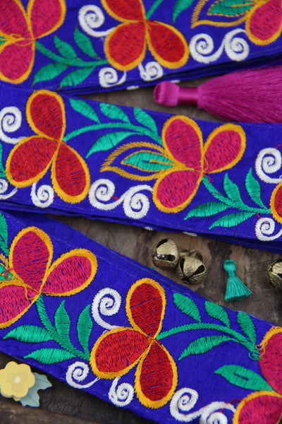 Cobalt Garden Party: Cobalt Blue, Pink, Red, Yellow Floral Silk Trim, Sari Border, India 2 1/4"x1 Yard, Colorful Sewing Supplies - ShopWomanShopsWorld.com. Bone Beads, Tassels, Pom Poms, African Beads.