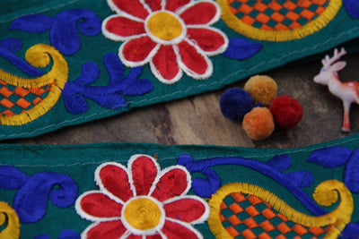 Pocketful of Poseys & Paisleys: Green, Red, Blue, Yellow Silk Trim, Ribbon, Sari Border, India 2 1/4" x 1 yard, Embroidered Sewing Supply - ShopWomanShopsWorld.com. Bone Beads, Tassels, Pom Poms, African Beads.
