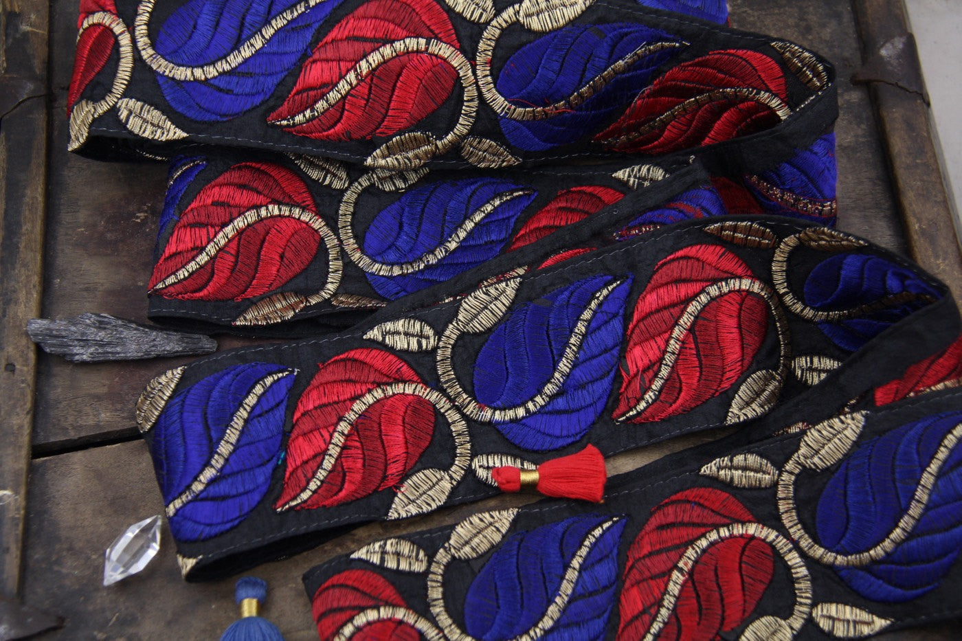 Regal Vines at Midnight: Black with Red, Blue, Gold leaves, Sari Border from India 2 1/2" x 1 yard, Ornate Winter Sewing Decorating Supply - ShopWomanShopsWorld.com. Bone Beads, Tassels, Pom Poms, African Beads.