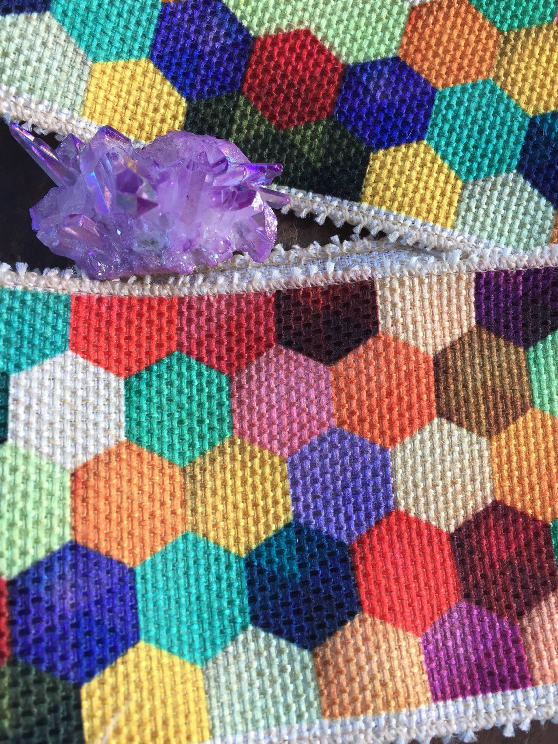 Rainbow Honeycomb on Burlap Ribbon, Trim, Sari Border, 3.25"x1 Yard - ShopWomanShopsWorld.com. Bone Beads, Tassels, Pom Poms, African Beads.