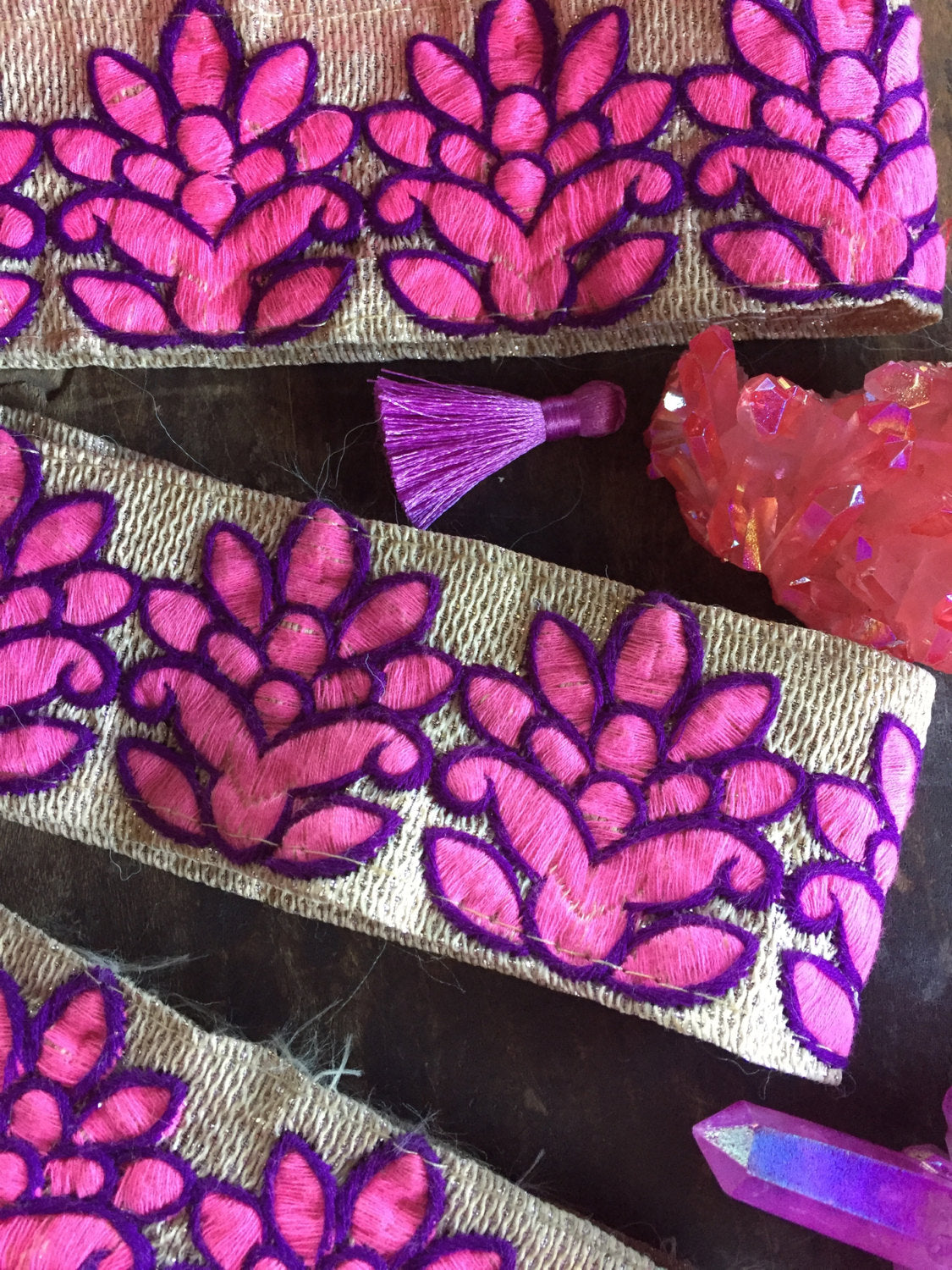 Pink Purple Sparkle Blossom Embroidered Trim, Sari Border from India, 2 1/8" x 1 yard - ShopWomanShopsWorld.com. Bone Beads, Tassels, Pom Poms, African Beads.