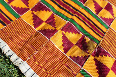 Tribal Geometry: Vintage Ewe Kente Cloth / Yellow, Burgundy, White / Ghana, West Africa 1970's Textile / Decorating, Repurposing, Decor - ShopWomanShopsWorld.com. Bone Beads, Tassels, Pom Poms, African Beads.