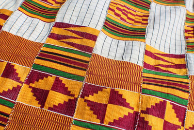 Tribal Geometry: Vintage Ewe Kente Cloth / Yellow, Burgundy, White / Ghana, West Africa 1970's Textile / Decorating, Repurposing, Decor - ShopWomanShopsWorld.com. Bone Beads, Tassels, Pom Poms, African Beads.