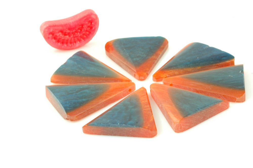 Lucite Triangle Pendants, from India, near-Vintage, 1 1/2" x 1 3/8", 6 pcs. / Orange, Blue Triangle Geometric Beads / Tribal Style - ShopWomanShopsWorld.com. Bone Beads, Tassels, Pom Poms, African Beads.