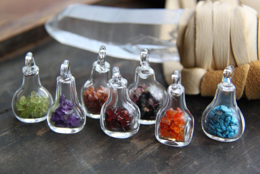 Choose Your Magic: Tiny Glass Bottle Pendant, Charm with Gemstone Chips - ShopWomanShopsWorld.com. Bone Beads, Tassels, Pom Poms, African Beads.