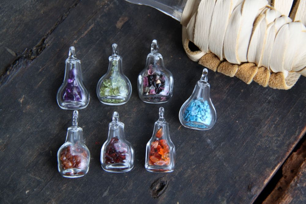 Choose Your Magic: Tiny Glass Bottle Pendant, Charm with Gemstone Chips - ShopWomanShopsWorld.com. Bone Beads, Tassels, Pom Poms, African Beads.