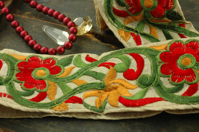Autumm Harvest: Red, Green, Cream Ribbon, Trim, Sari Border, 1 1/4"x1 Yard - ShopWomanShopsWorld.com. Bone Beads, Tassels, Pom Poms, African Beads.