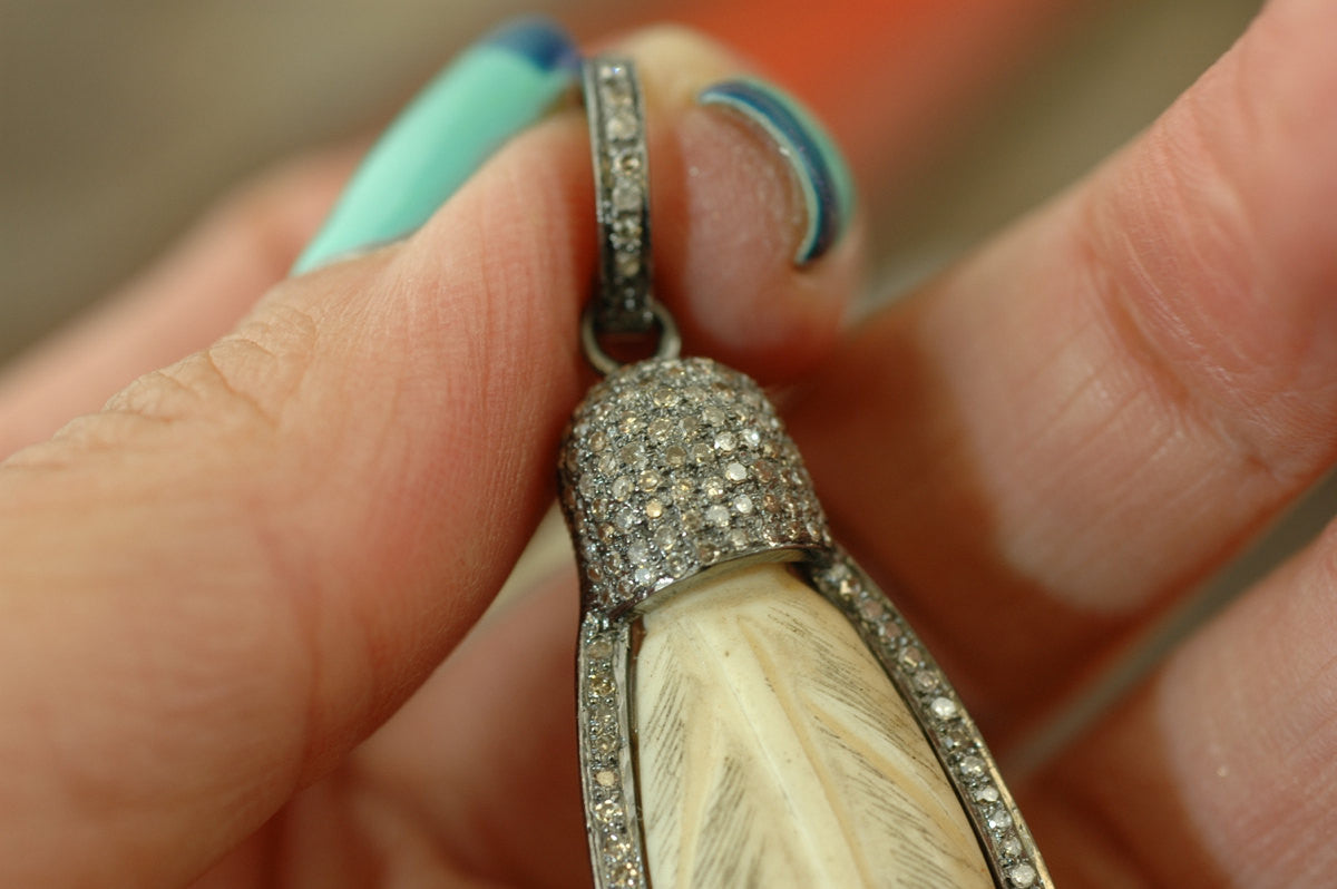 Fly with Me Feather:  Sterling Silver, Bone & Pavé Diamond Pendant