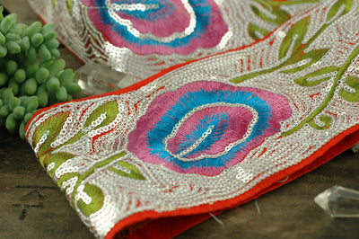 Pink Plume Sparkle: Pink, Aqua, Green, Silver Sequin Floral Silk Trim / Ribbon / Sari Border / India, 3 5/8" x 1 yard / Fresh Boho Supply - ShopWomanShopsWorld.com. Bone Beads, Tassels, Pom Poms, African Beads.