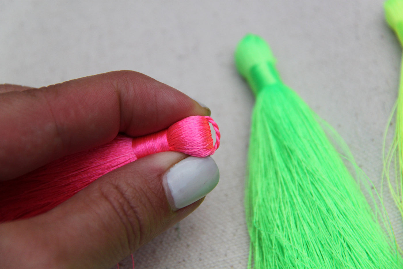 Neon Tassels: 3.5" Fluorescent Silky Fringe Pendants, 3 Pieces