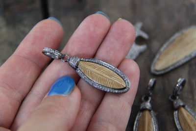 Small Feather: Silver, Bone & Pavé Diamond Pendant, 2.5" Focal Charm