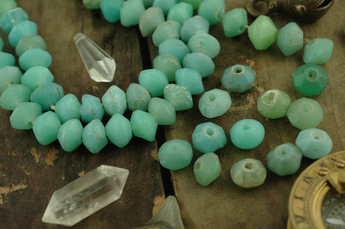 Seafoam Vintage Uranium Vaseline Glass Beads, 16x12mm, 5 pieces - ShopWomanShopsWorld.com. Bone Beads, Tassels, Pom Poms, African Beads.