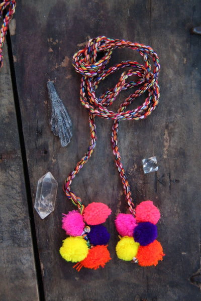 Pom Pom Camel Swag, Neon Multi-Colored Poms - ShopWomanShopsWorld.com. Bone Beads, Tassels, Pom Poms, African Beads.