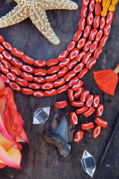 Orange Diamond Tube: Handmade Bone Beads, 7x13mm, 16 pieces - ShopWomanShopsWorld.com. Bone Beads, Tassels, Pom Poms, African Beads.