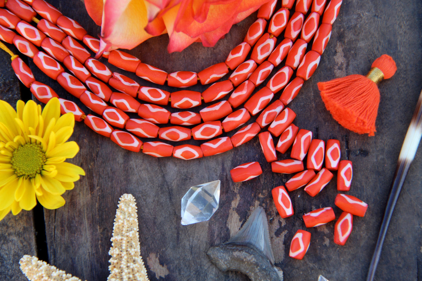 Orange Diamond Tube: Handmade Bone Beads, 7x13mm, 16 pieces - ShopWomanShopsWorld.com. Bone Beads, Tassels, Pom Poms, African Beads.