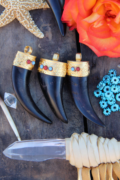 Dark and Gold: Natural Goat Horn & Brass Pendant, 1 piece - ShopWomanShopsWorld.com. Bone Beads, Tassels, Pom Poms, African Beads.