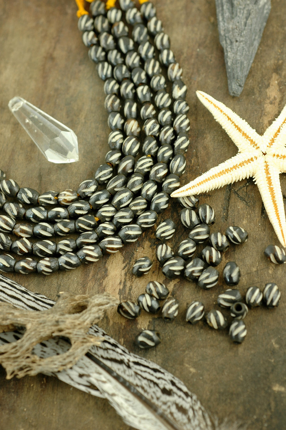 Hand Carved Spiral Stripes: Brown/White Bone Beads, 5x6mm, 28 pieces - ShopWomanShopsWorld.com. Bone Beads, Tassels, Pom Poms, African Beads.