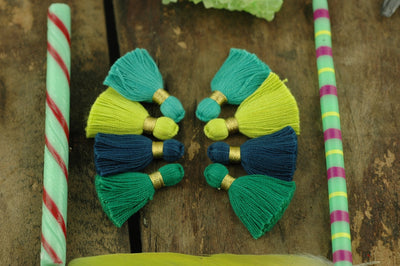 Blue Green Tassel Mix: 1.25" Cotton Fringe with Gold Binding, 8 pieces