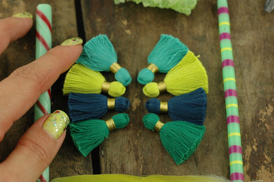 Blue Green Tassel Mix: 1.25" Cotton Fringe with Gold Binding, 8 pieces