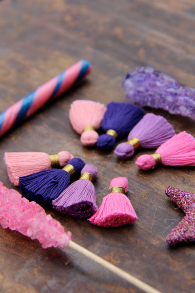 Pink Purple Tassel Mix: 1.25" Cotton Fringe w/ Gold Binding, 8 pieces