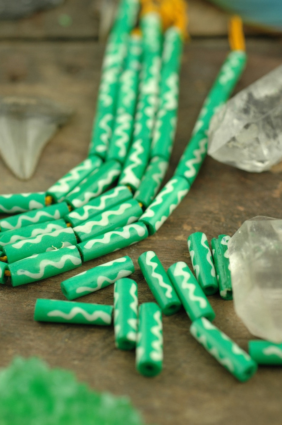 Green Wavy Tube: Handmade Bone Beads, 4x19mm, 11 pieces - ShopWomanShopsWorld.com. Bone Beads, Tassels, Pom Poms, African Beads.