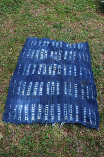 Indigo & Gold: Vintage Blue Handmade Cloth, 44" x 58" - ShopWomanShopsWorld.com. Bone Beads, Tassels, Pom Poms, African Beads.