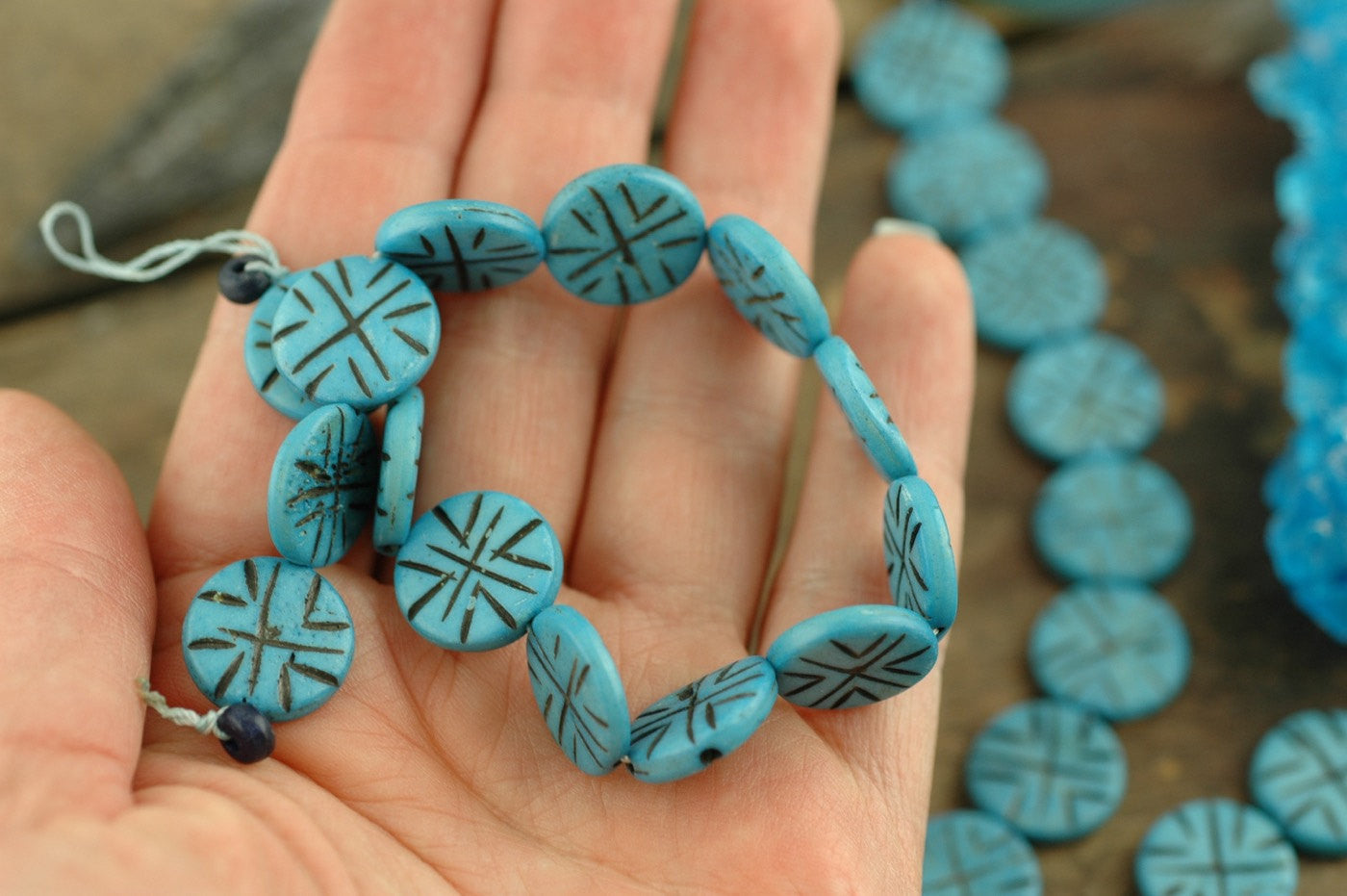 Ocean Blue Discs: Hand Carved Bone Beads, 3x16mm, 14 pieces - ShopWomanShopsWorld.com. Bone Beads, Tassels, Pom Poms, African Beads.