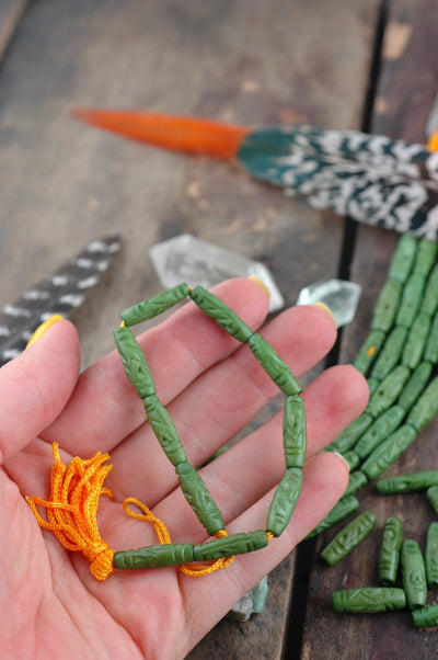 Forest Green: Hand Carved Bone Beads, 5x19mm, 10 pieces - ShopWomanShopsWorld.com. Bone Beads, Tassels, Pom Poms, African Beads.