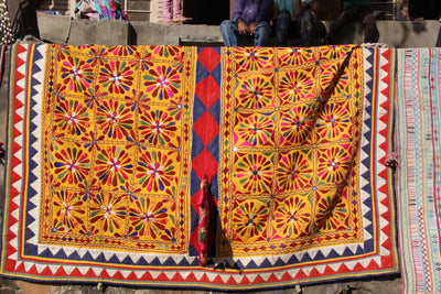 Vintage Handmade Cow Blanket from India (VBL2) - ShopWomanShopsWorld.com. Bone Beads, Tassels, Pom Poms, African Beads.