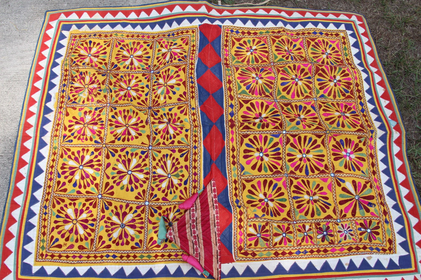 Vintage Handmade Cow Blanket from India (VBL2) - ShopWomanShopsWorld.com. Bone Beads, Tassels, Pom Poms, African Beads.