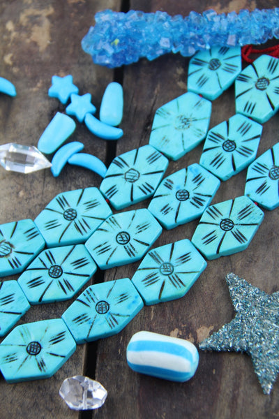 Turquoise Hexagon: Blue Bone Beads, 24x30mm, 6 pieces - ShopWomanShopsWorld.com. Bone Beads, Tassels, Pom Poms, African Beads.