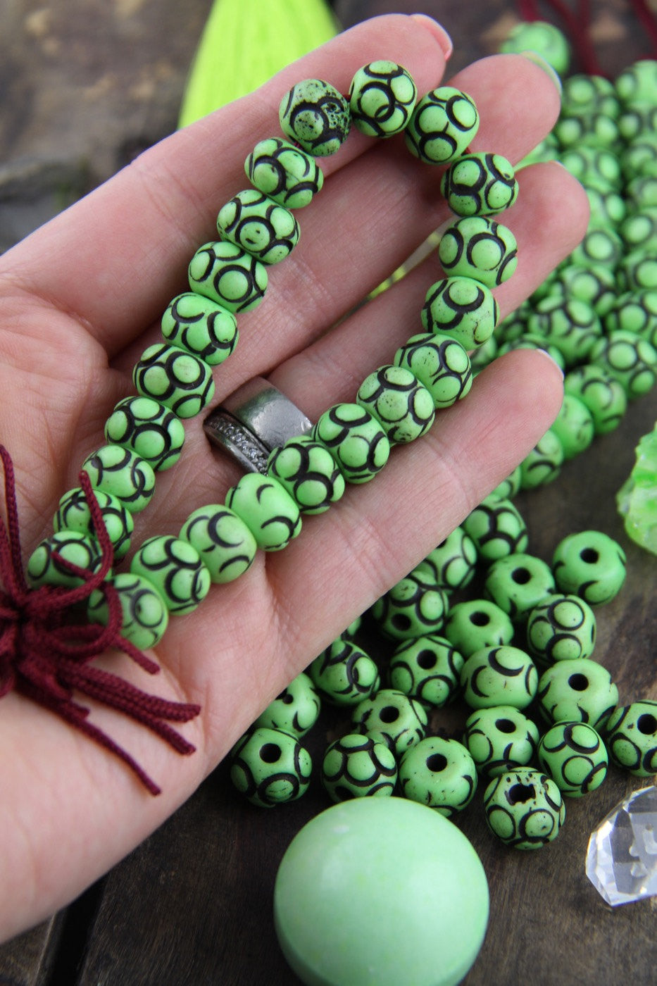 Lime Loops: Green Hand Carved Bone Beads, 8x11mm, 22 pieces - ShopWomanShopsWorld.com. Bone Beads, Tassels, Pom Poms, African Beads.