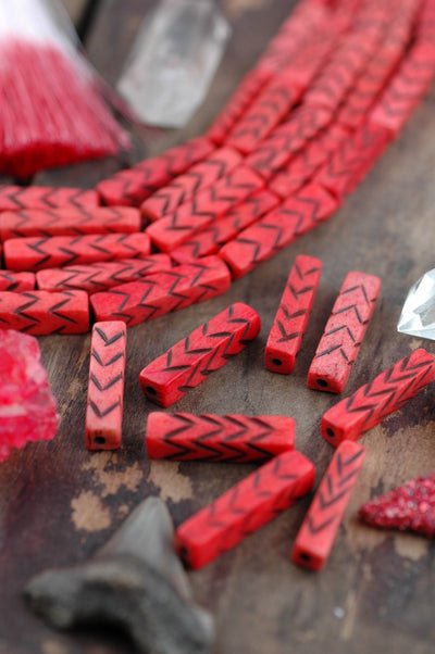 Red Chevron Rectangle: Handmade Bone Beads, 6.5x28mm, 8 Pieces - ShopWomanShopsWorld.com. Bone Beads, Tassels, Pom Poms, African Beads.
