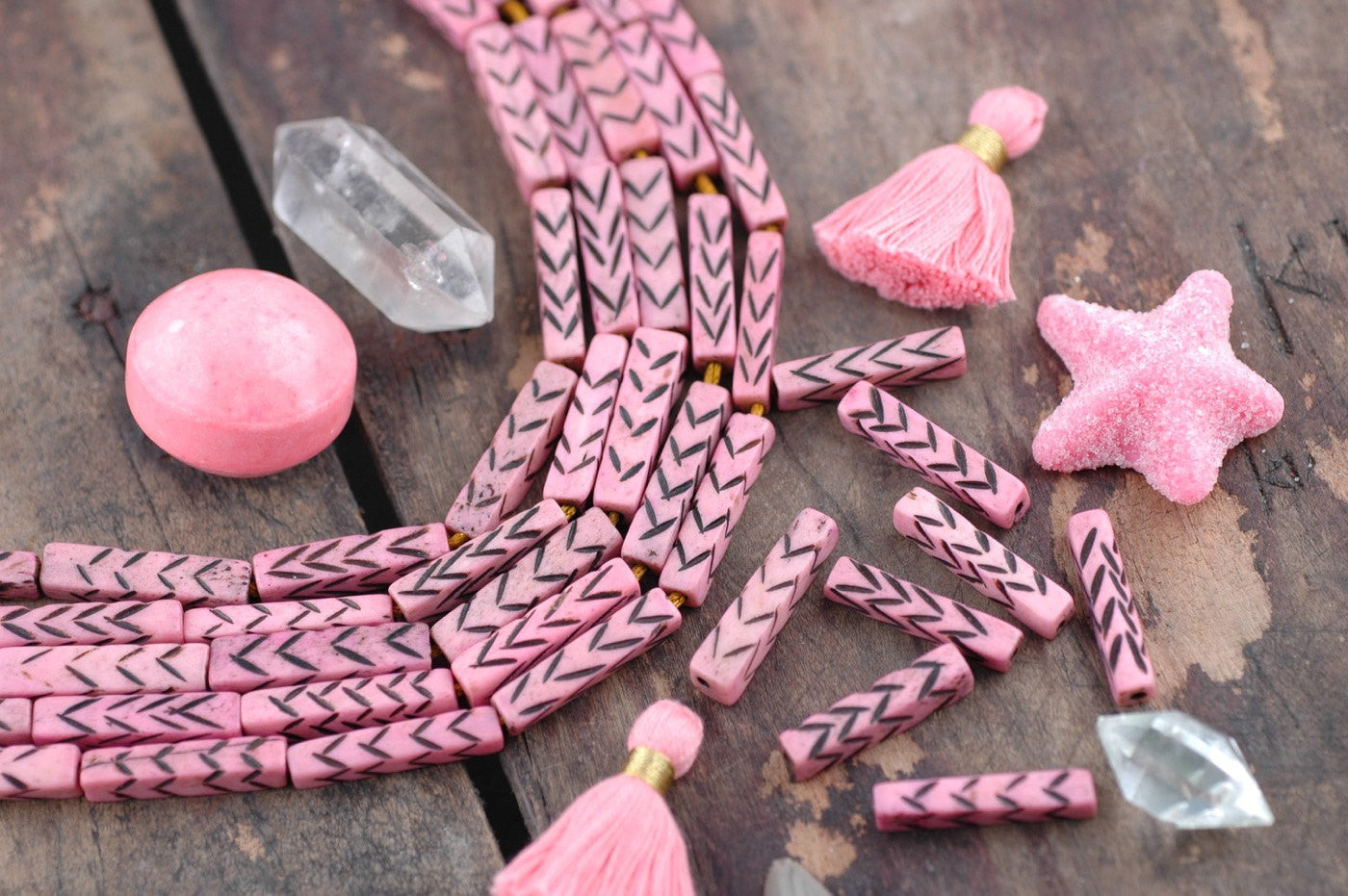 Pastel Pink Chevron Rectangle: Bone Beads, 6.5x28mm, 8 pieces - ShopWomanShopsWorld.com. Bone Beads, Tassels, Pom Poms, African Beads.