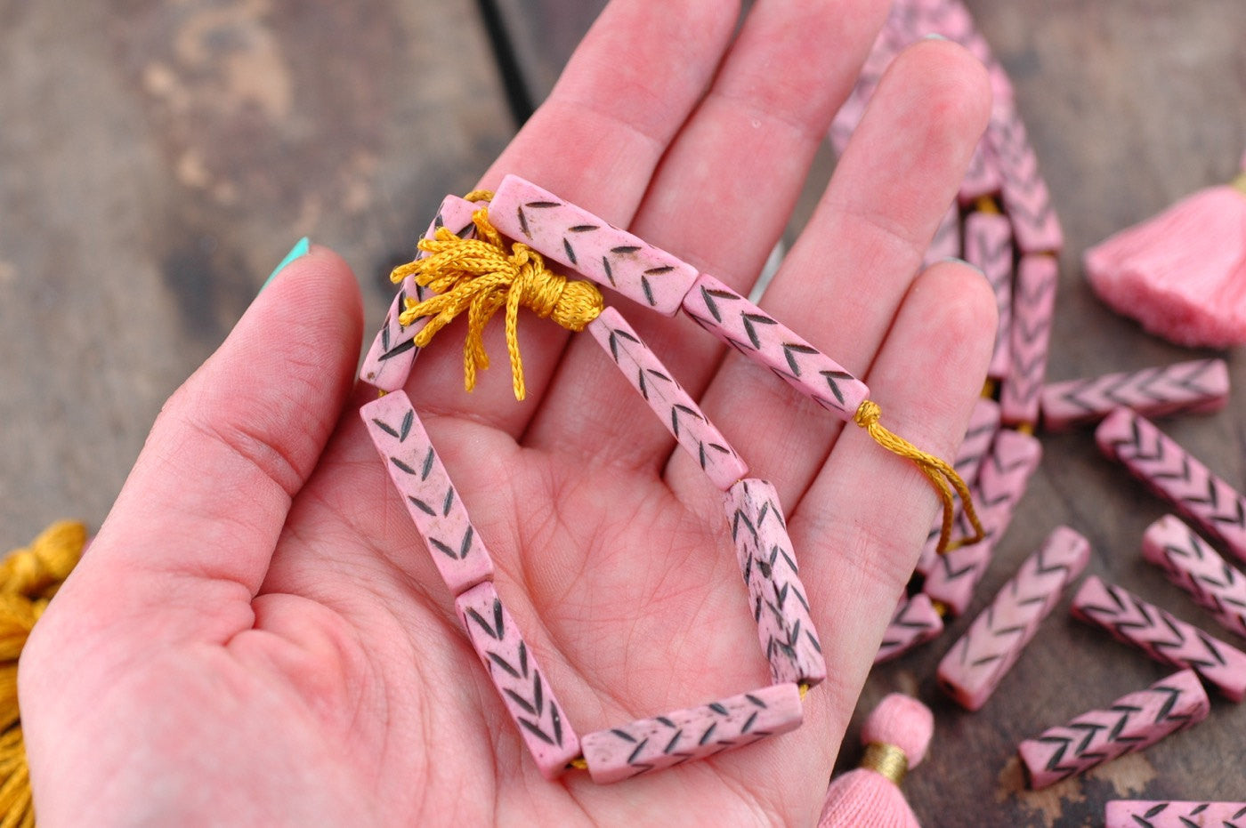 Pastel Pink Chevron Rectangle: Bone Beads, 6.5x28mm, 8 pieces - ShopWomanShopsWorld.com. Bone Beads, Tassels, Pom Poms, African Beads.
