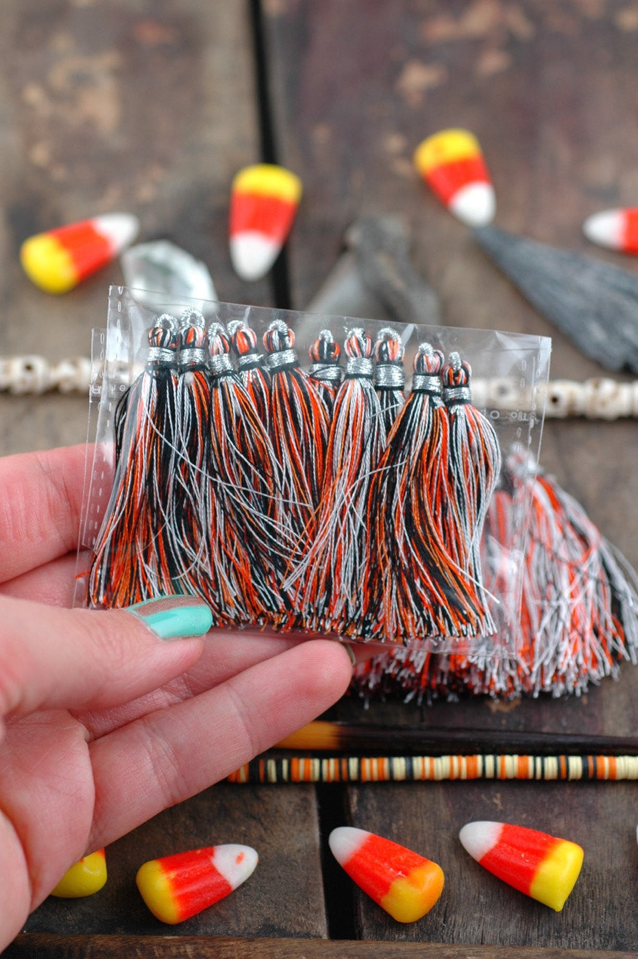 Halloween Tassel Ten Pack: 2" Art Silk from India - ShopWomanShopsWorld.com. Bone Beads, Tassels, Pom Poms, African Beads.