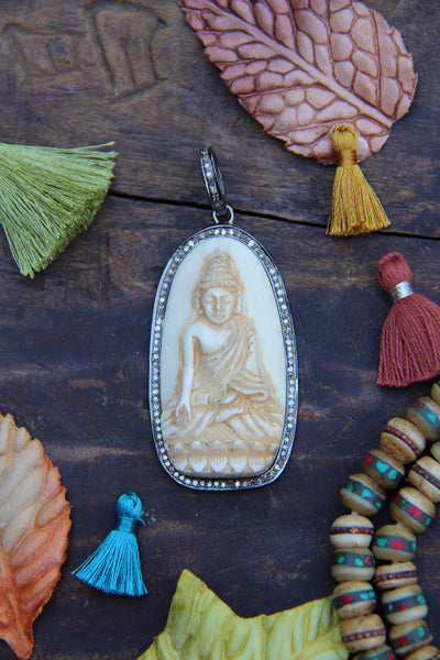 Peaceful Buddha: Carved Bone, Pavé Diamond Pendant, Focal Charm