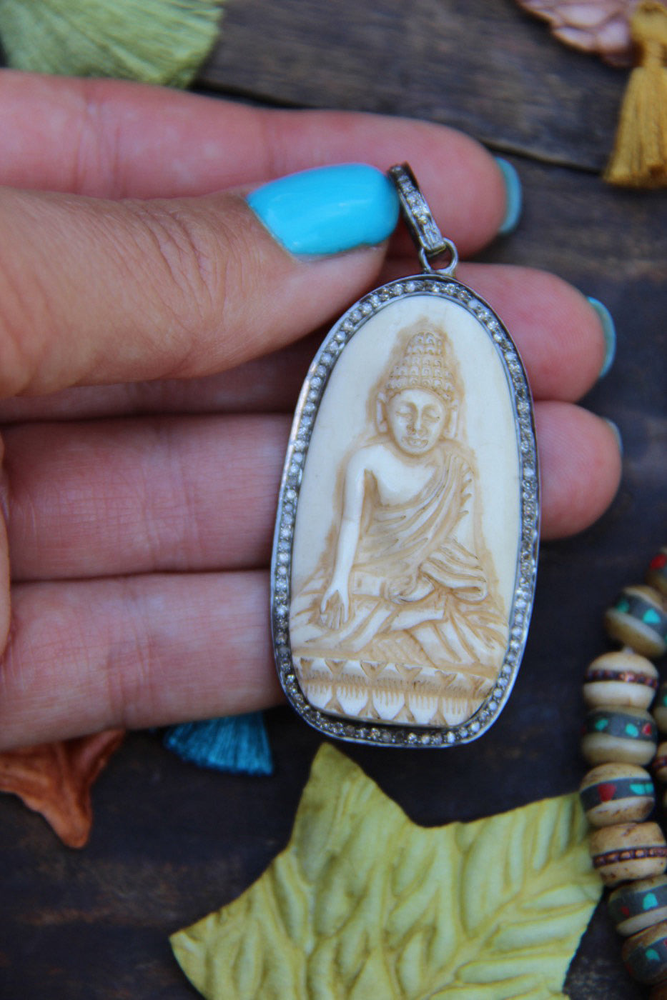 Peaceful Buddha: Carved Bone, Pavé Diamond Pendant, Focal Charm