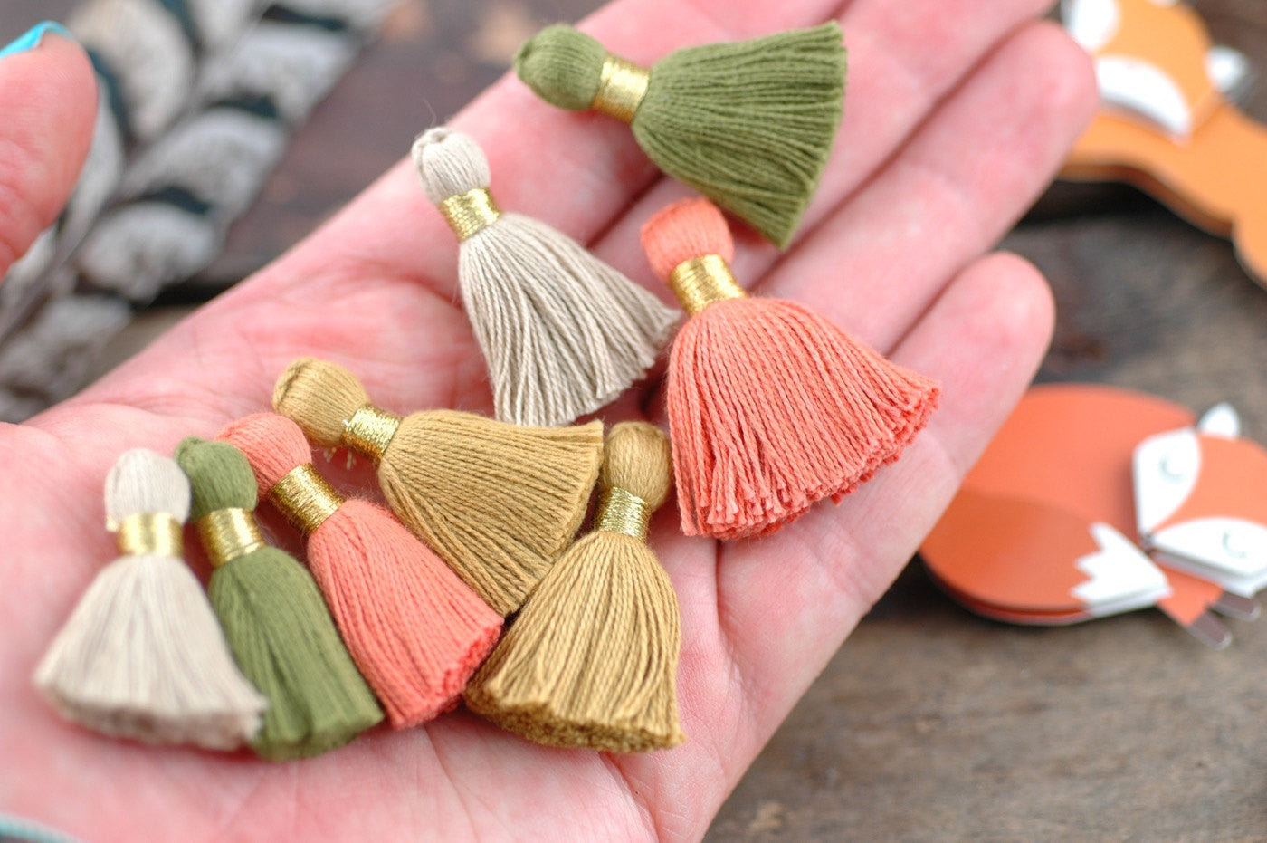 Foxy Fall Tassel Mix: 1.25" Cotton Fringe with Gold Binding, 8 pieces