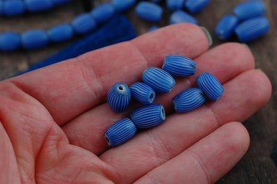 Blue Gooseberry Antique African (Italian) Glass Oval, Hand Drawn Trade Beads, 8x10mm, 4 Loose Beads, Rare, Collectible Jewelry Making Suppy - ShopWomanShopsWorld.com. Bone Beads, Tassels, Pom Poms, African Beads.
