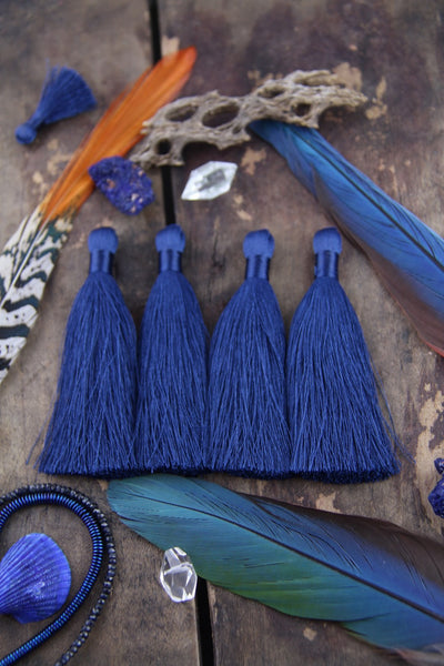 Navy Blue, 3.5" Silky Luxe Tassels, 2 pieces - ShopWomanShopsWorld.com. Bone Beads, Tassels, Pom Poms, African Beads.