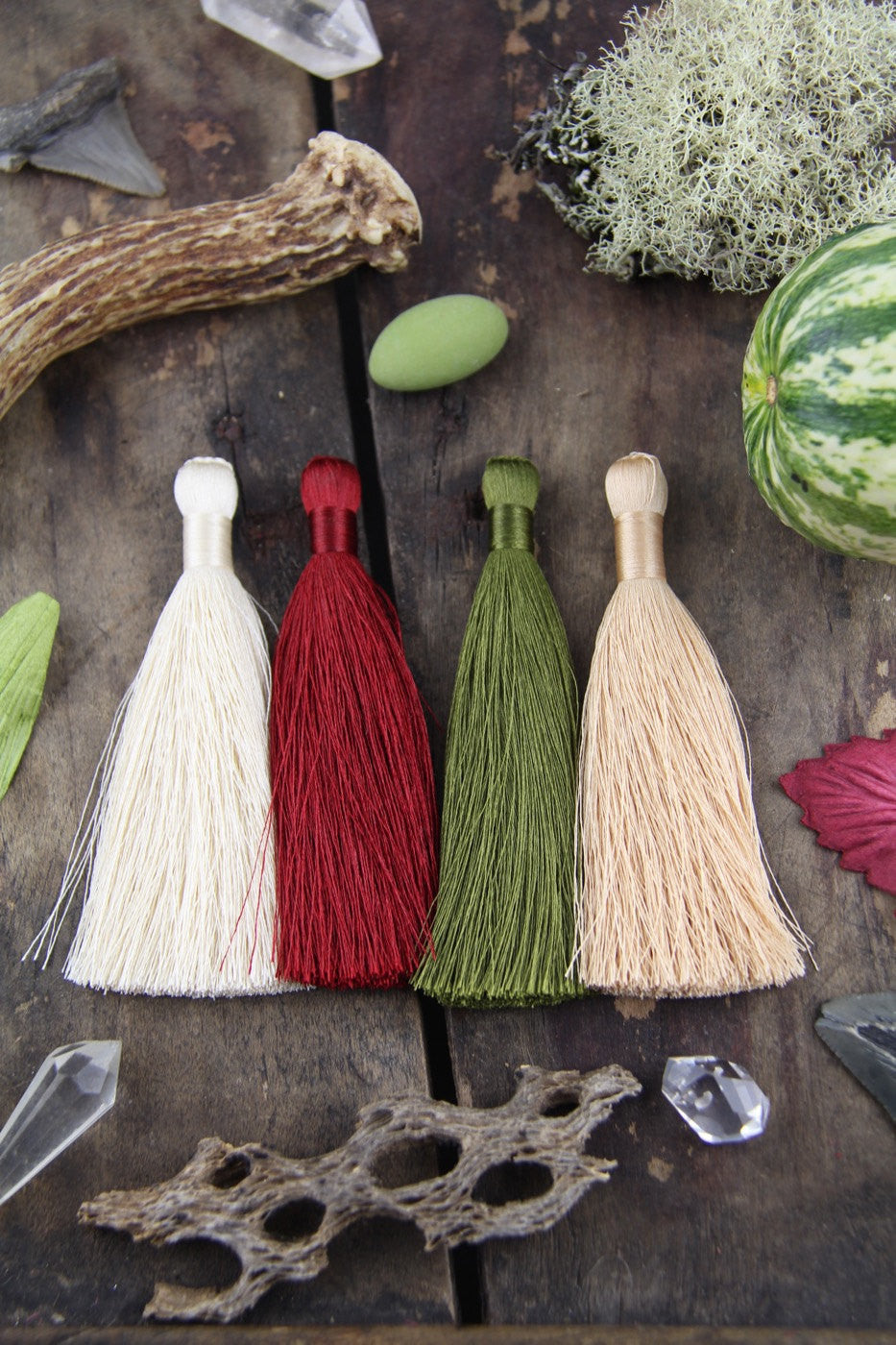 Fall Colors Tassels, The Original Silky Luxe, 3.5", 4 Pieces - ShopWomanShopsWorld.com. Bone Beads, Tassels, Pom Poms, African Beads.
