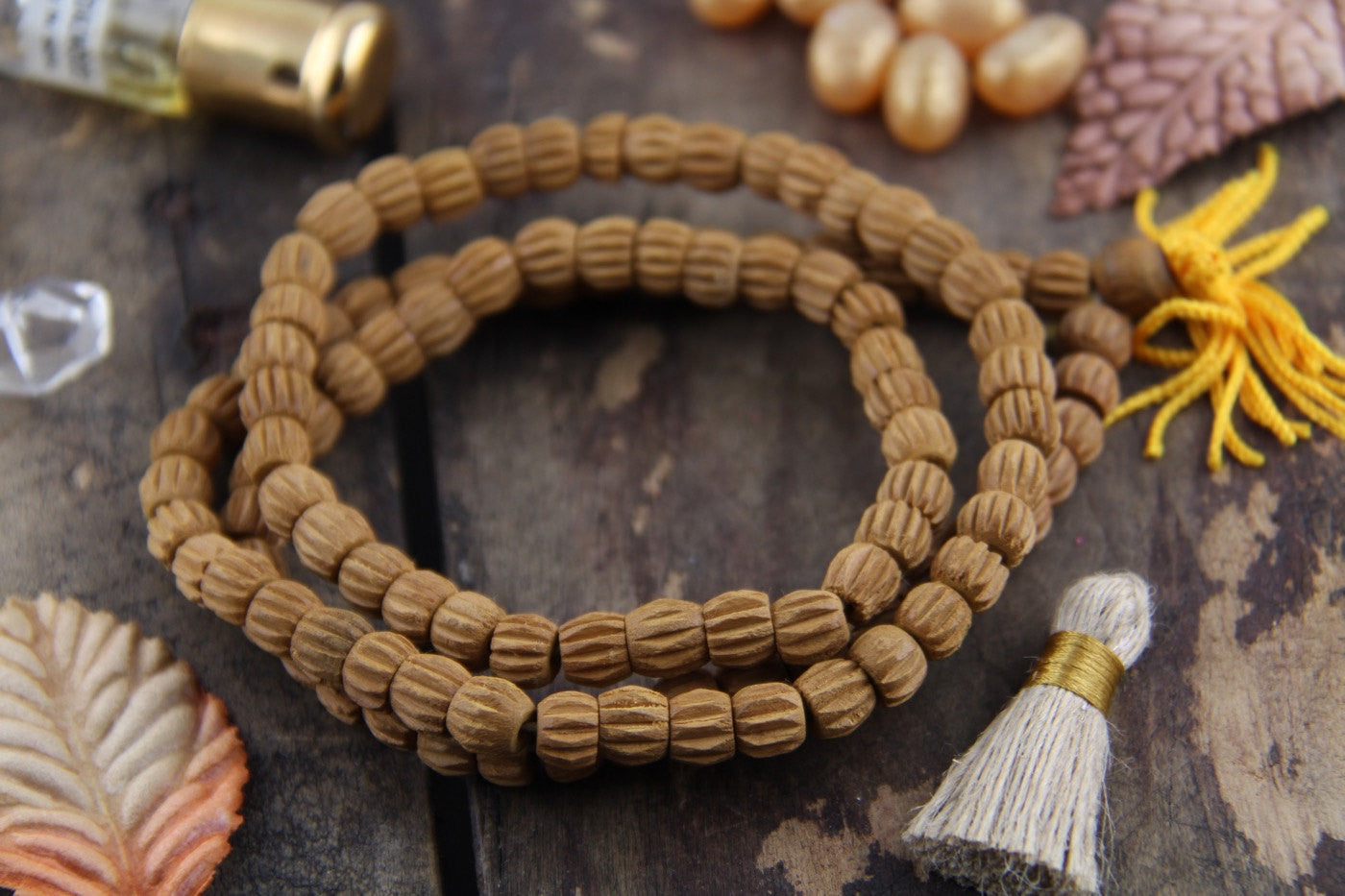 8mm Carved Sandalwood, 108 Aromatic Bead Mala - ShopWomanShopsWorld.com. Bone Beads, Tassels, Pom Poms, African Beads.