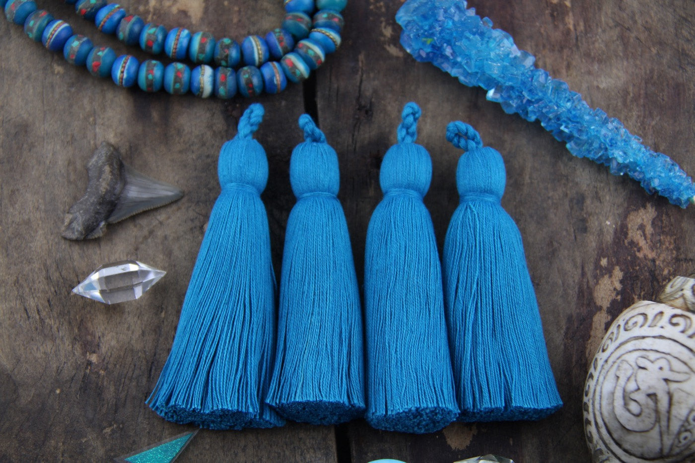 Turquoise Tassel Luxe, 3.75" Cotton Tassels, 2 pieces - ShopWomanShopsWorld.com. Bone Beads, Tassels, Pom Poms, African Beads.